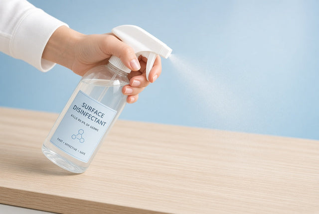 Hand spraying disinfectant bottle