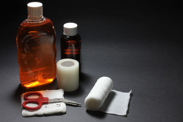 First aid supplies with bottles